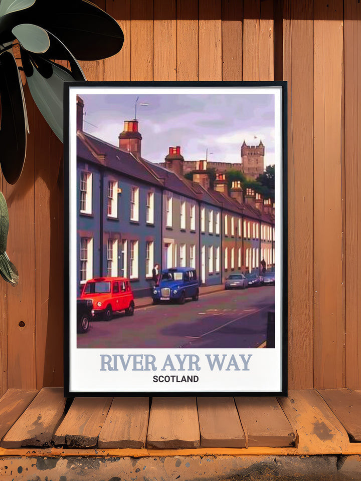 River Ayr Way and Catrine Voes wall art capturing the scenic beauty and historical significance of these landmarks in Scotland. This travel print brings the adventurous spirit of the River Ayr Way into your home, perfect for nature enthusiasts and hikers.