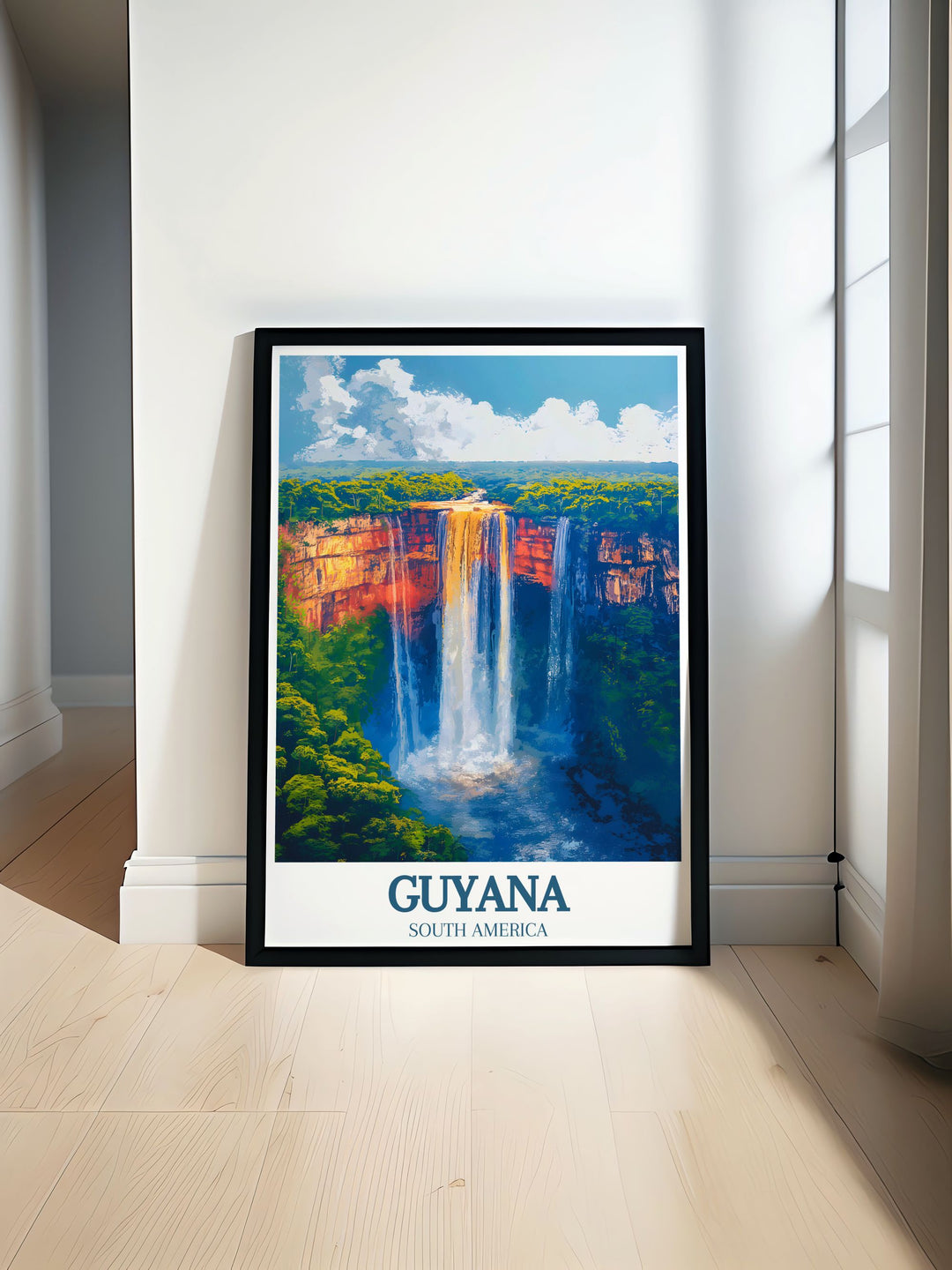 This travel poster of Kaieteur Falls in Guyana captures the majestic beauty of the worlds largest single drop waterfall, perfect for adding a touch of natural wonder to your home decor.