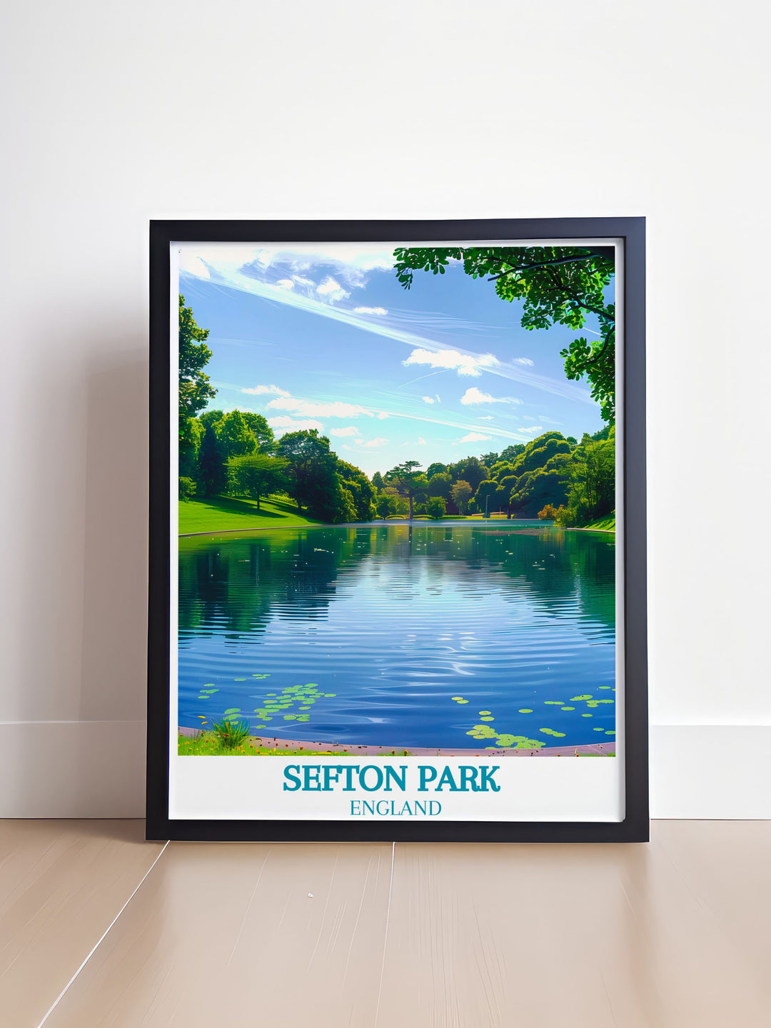 Sefton Park Lake travel poster paired with a Liverpool landmark print. This wall art offers a serene view of Sefton Park Lake and the historic Liver Building, perfect for adding tranquility and elegance to your living space.
