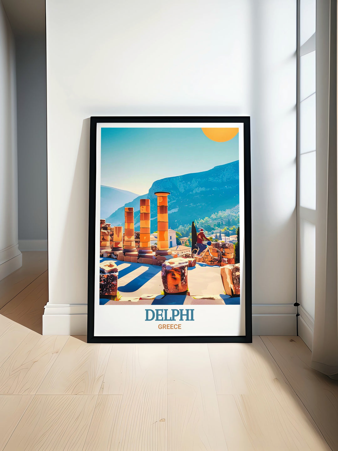 Greece travel print highlighting the ancient site of Delphi, with the Temple of Apollo as a central feature. This wall art is a perfect addition to any collection of Greece art, celebrating the timeless beauty and historical importance of this iconic location.