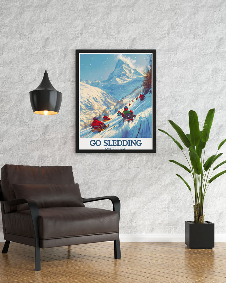 Vintage poster celebrating the timeless tradition of sledding in the Swiss Alps, capturing the nostalgic charm of winter activities in Zermatt.