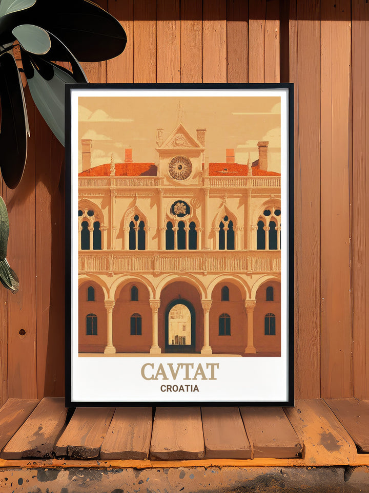 Cavtat travel poster showcases the timeless architecture of Rectors Palace, framed by the peaceful Adriatic coastline, making it an exquisite piece of wall décor for lovers of history and travel.