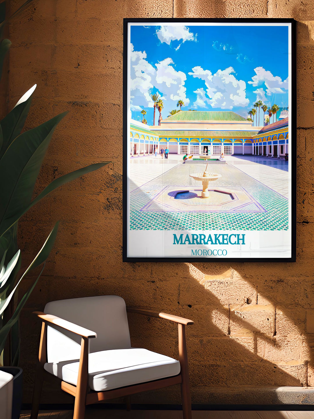 Experience the regal beauty of Bahia Palace with this detailed poster, capturing its elegant architecture and serene gardens, perfect for adding a touch of sophistication to your home.