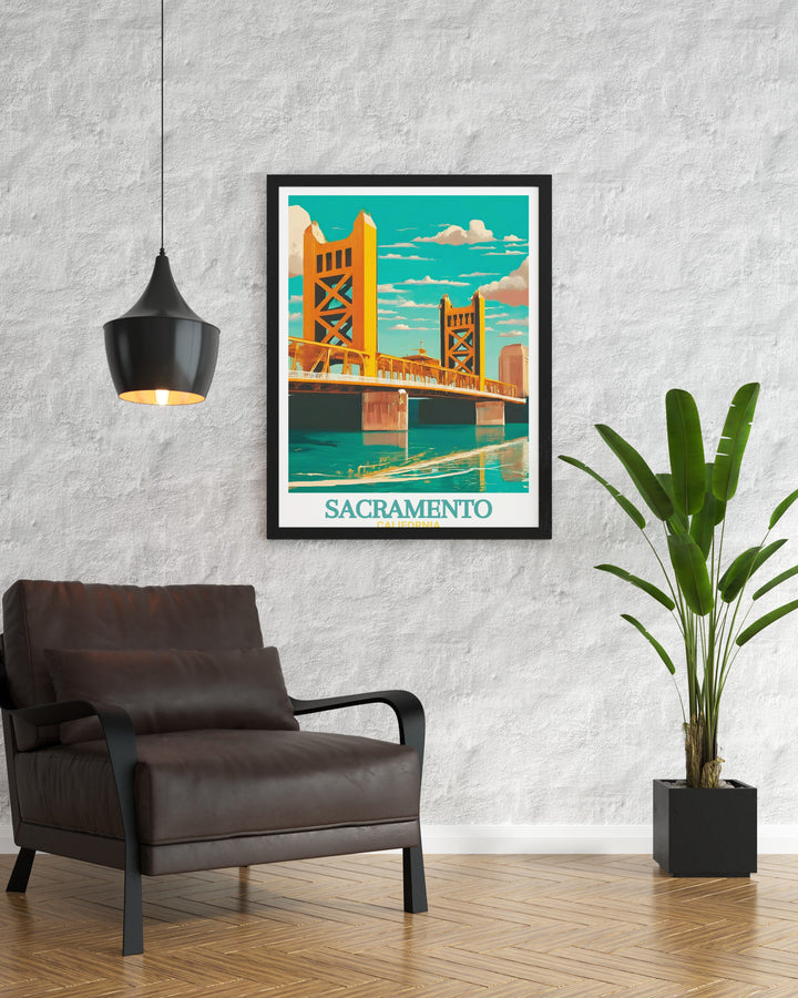 Stunning Sacramento Wall Art showcasing Tower Bridge in a fine line print style bringing modern elegance and historical pride to your home decor ideal for those who love this vibrant city