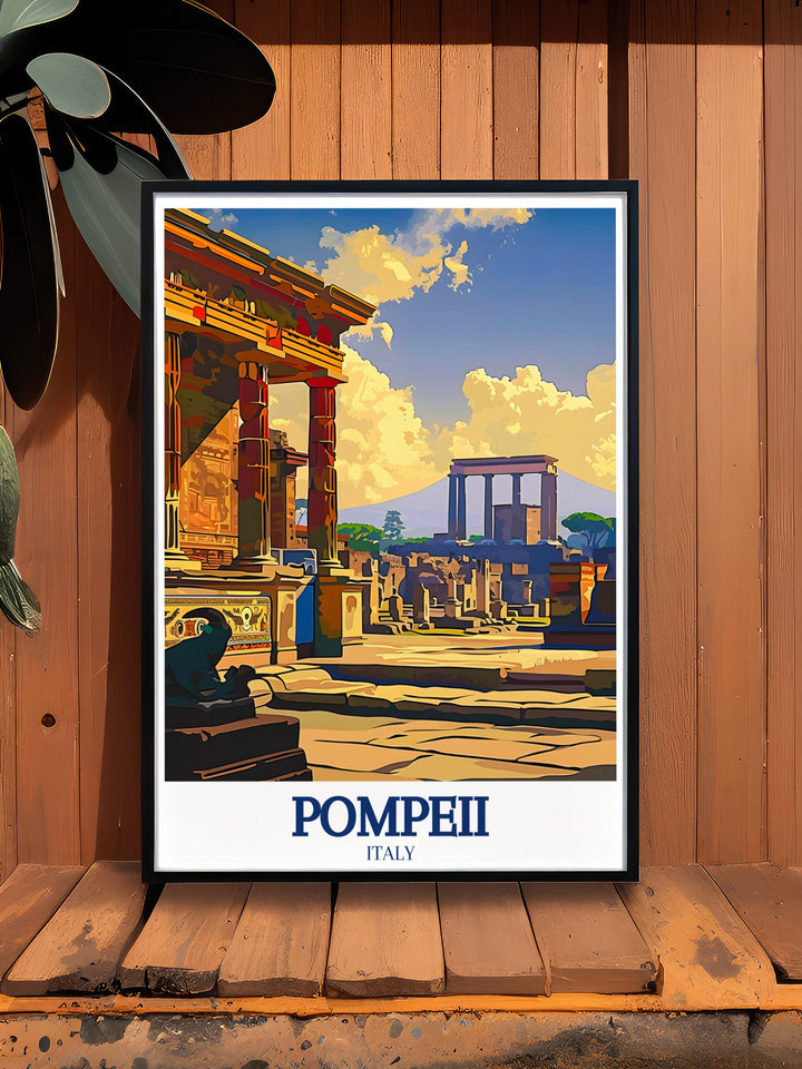 Pompeii travel poster showcasing the rich history of Pompeii, with a focus on the Pompeii Forum and the House of the Faun. This detailed wall print is perfect for those who appreciate the beauty and significance of ancient Roman architecture and art.