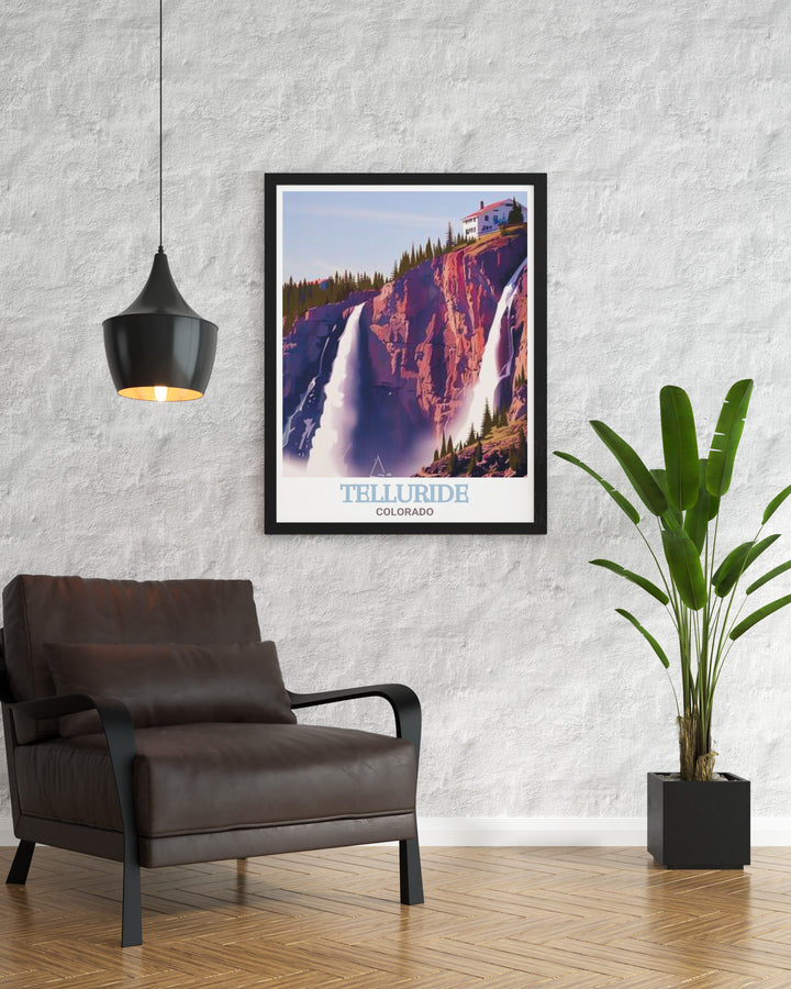 This Telluride canvas art features a detailed depiction of Bridal Veil Falls, making it an ideal piece for outdoor enthusiasts and art lovers alike. The vibrant colors and intricate design reflect the awe inspiring landscapes of Colorado.