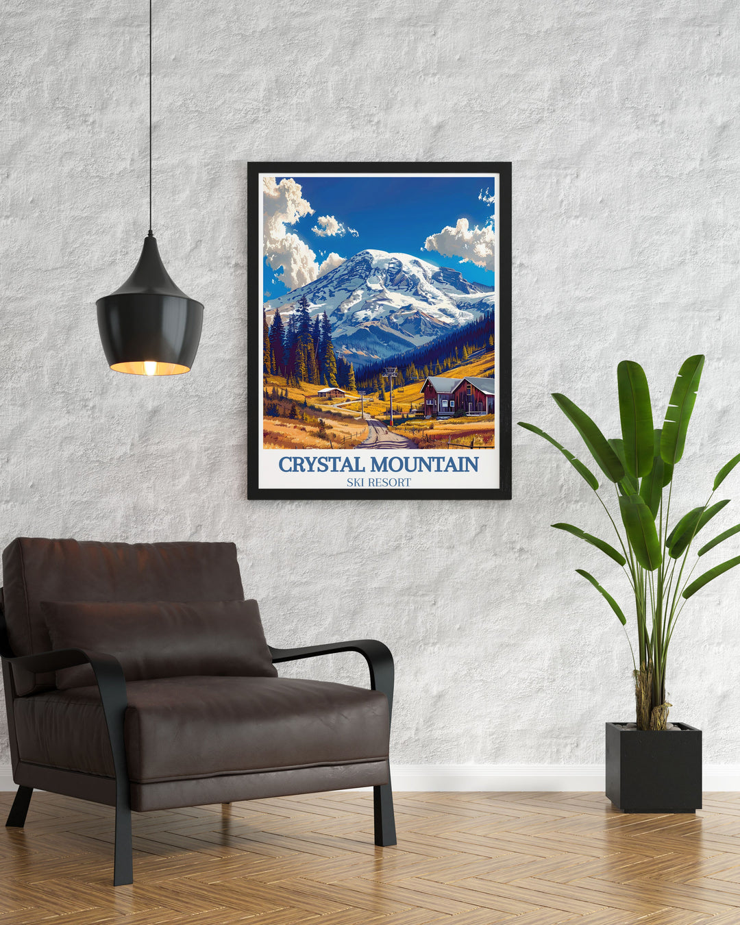 A vintage style print showcasing the picturesque slopes of Crystal Mountain and the stunning views of Mount Rainier, perfect for adding a touch of adventure to your decor.
