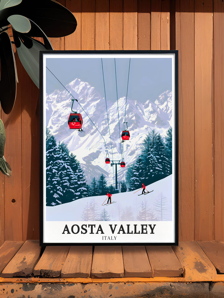 A travel poster featuring the serene Aosta Valley, the bustling Courmayeur ski resort, and the awe inspiring Mont Blanc. This Italy travel gift is perfect for those who love to explore and admire the natural wonders of the Alps. The detailed representation of these landmarks makes it a unique and meaningful addition to any space, whether as a gift or a personal treasure.