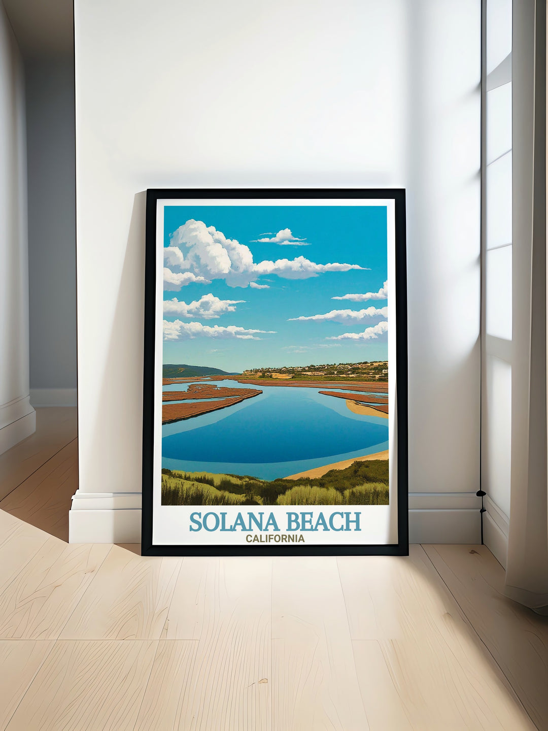 This California beach travel poster features Solana Beach and the peaceful San Elijo Lagoon, making it a great choice for those who love the beach and coastal life. The artworks vibrant details bring the tranquility of Southern Californias coastline into your home.