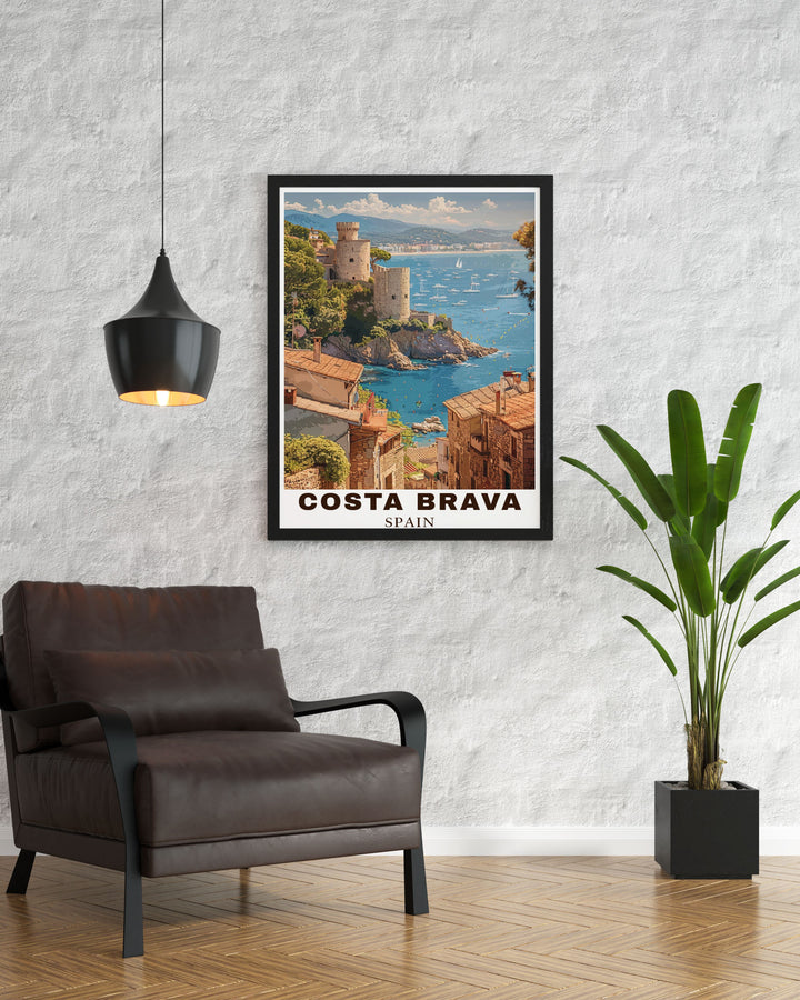 Explore the beauty of Costa Brava with a stunning travel poster capturing its rugged coastline and hidden coves.