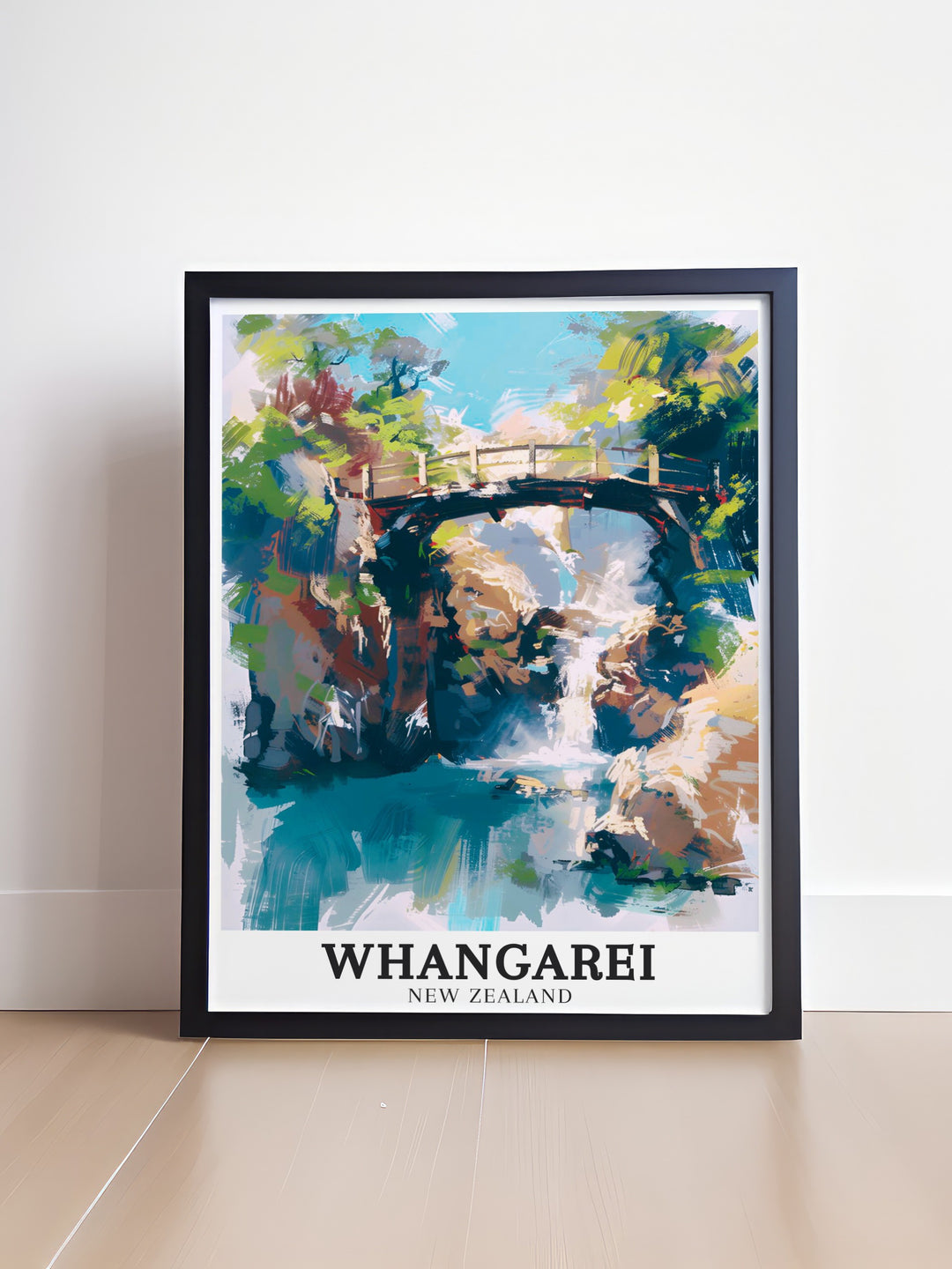 Whangarei Falls Decor capturing the essence of one of New Zealands most famous waterfalls. This New Zealand travel poster brings the majesty of Whangarei Falls into your home, perfect for creating a serene and nature inspired environment.