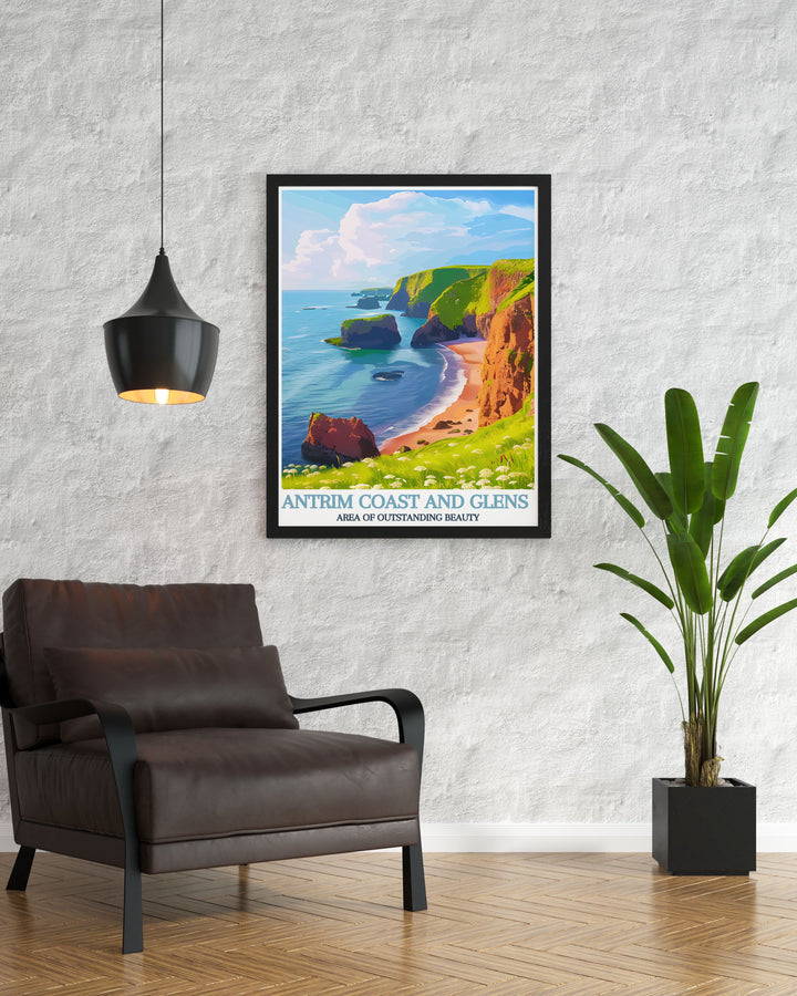 Travel poster of Antrim Coast AONB, highlighting key attractions like the Antrim Black Arch and the scenic coastal views.