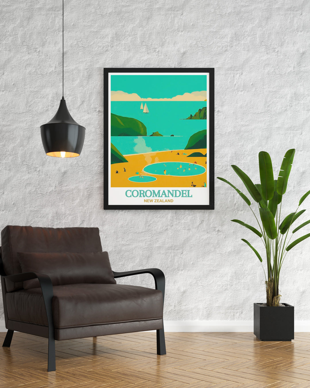 Vintage poster of Hot Water Beach on the Coromandel Peninsula, highlighting the timeless beauty of New Zealands geothermal beaches. The perfect piece for those who appreciate the blend of natural history and modern adventure.