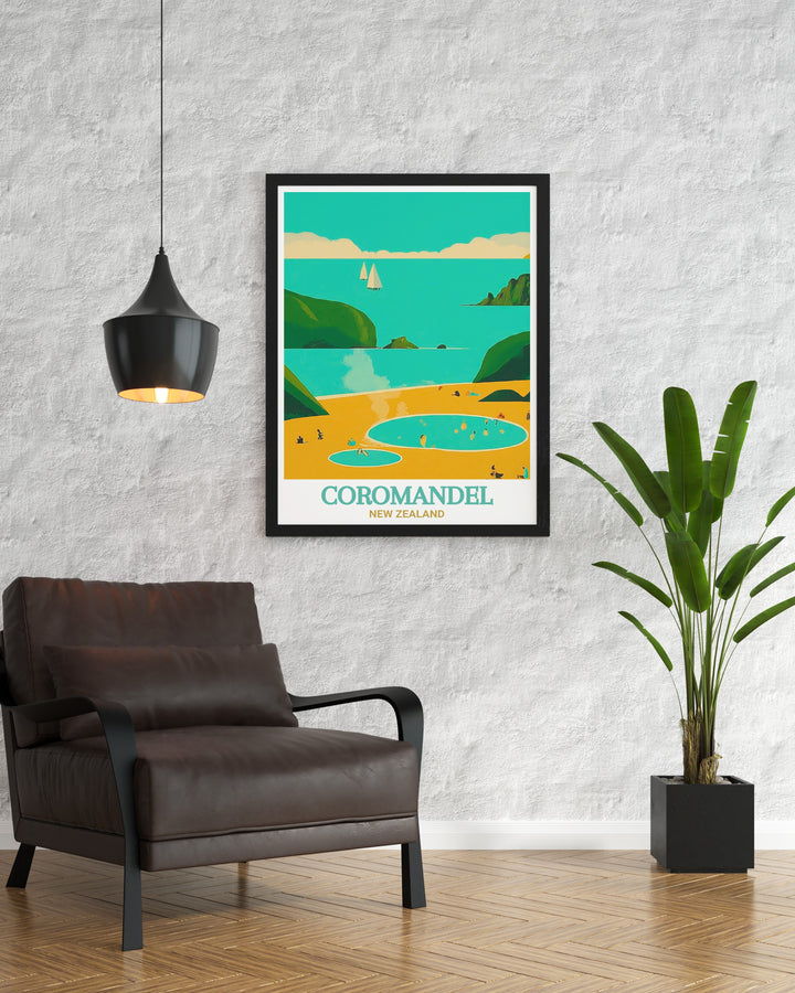 Vintage poster of Hot Water Beach on the Coromandel Peninsula, highlighting the timeless beauty of New Zealands geothermal beaches. The perfect piece for those who appreciate the blend of natural history and modern adventure.