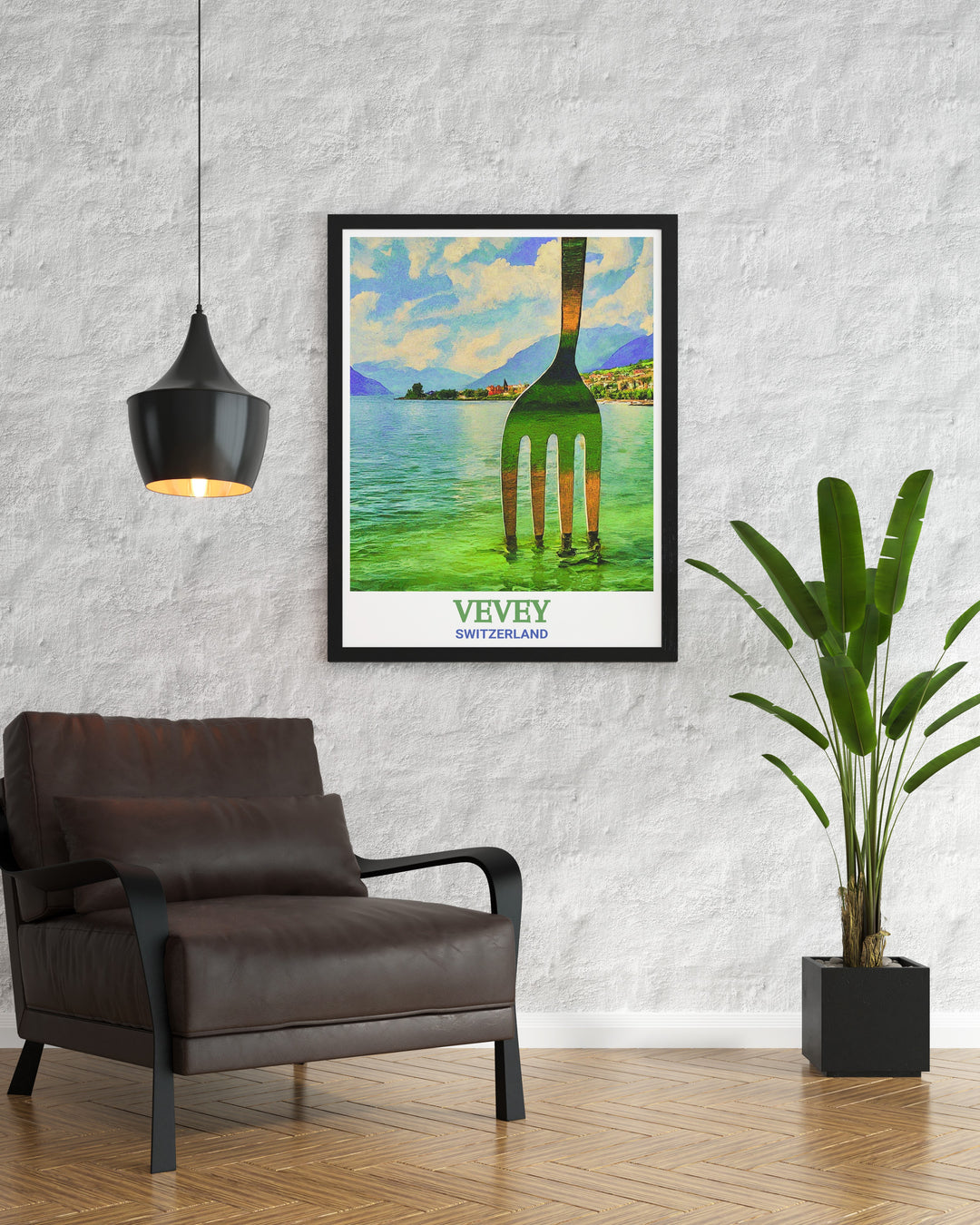 Travel print of Vevey and the Fork of Vevey in Switzerland. This detailed wall art showcases the harmony between the natural beauty of Lake Geneva and the striking sculpture, perfect for those who appreciate both art and nature in their décor.