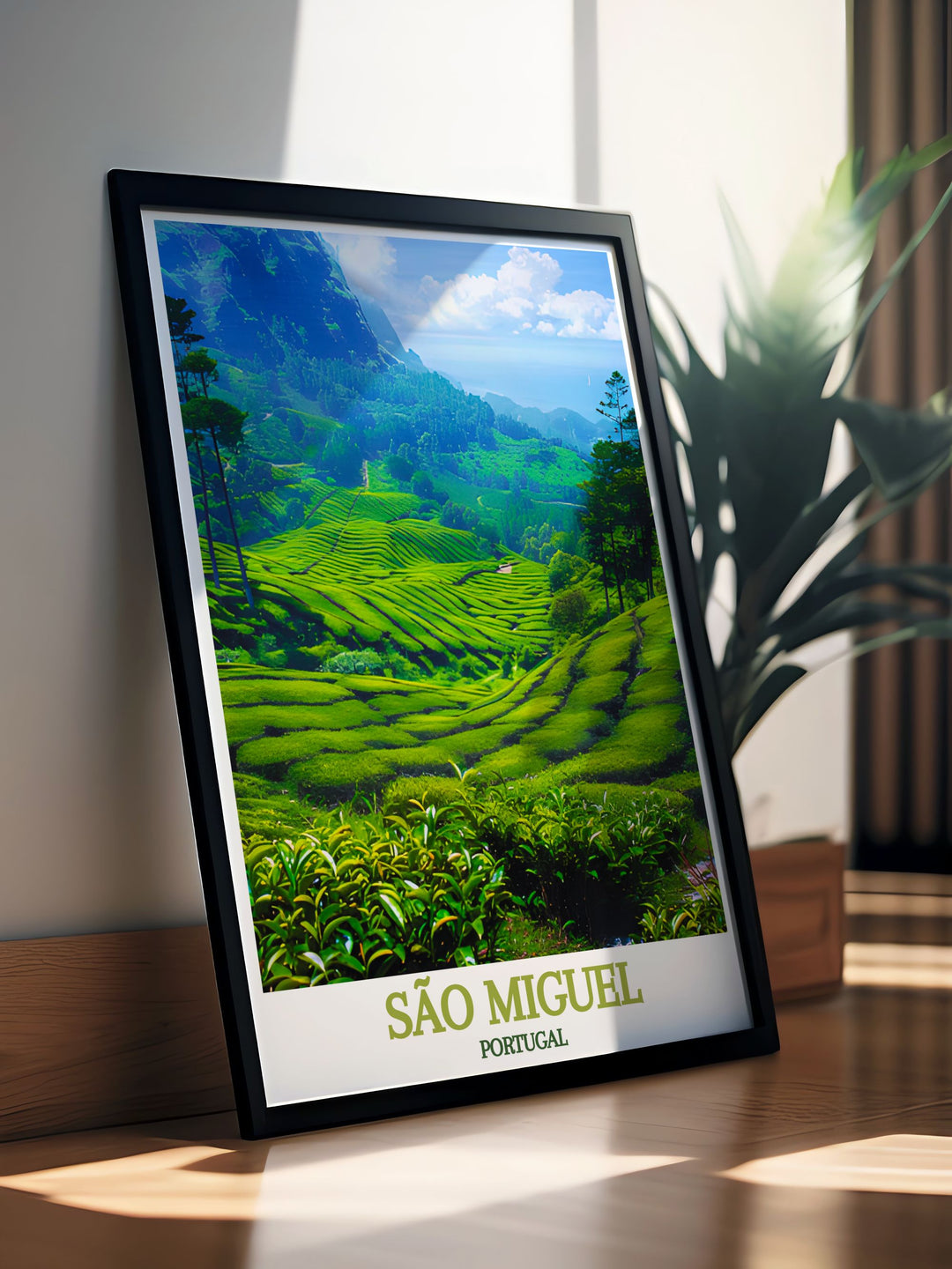 An elegant travel poster of São Miguels tea plantations, highlighting the historic and natural charm of the island, making it a captivating focal point for your home or office.