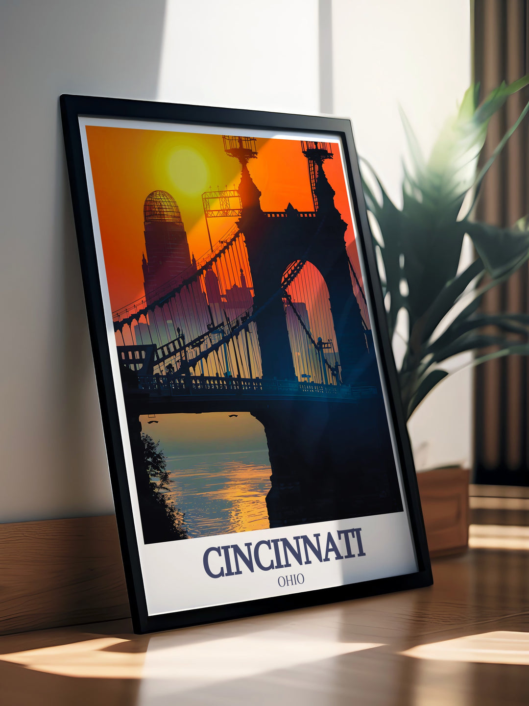 Stunning Cincinnati Art Print showcasing Roebling Suspension Bridge and Great American Building in a fine line design featuring Cincinnati street maps and botanical garden themes perfect for enhancing your living room decor or gifting for holidays like Christmas or Fathers Day