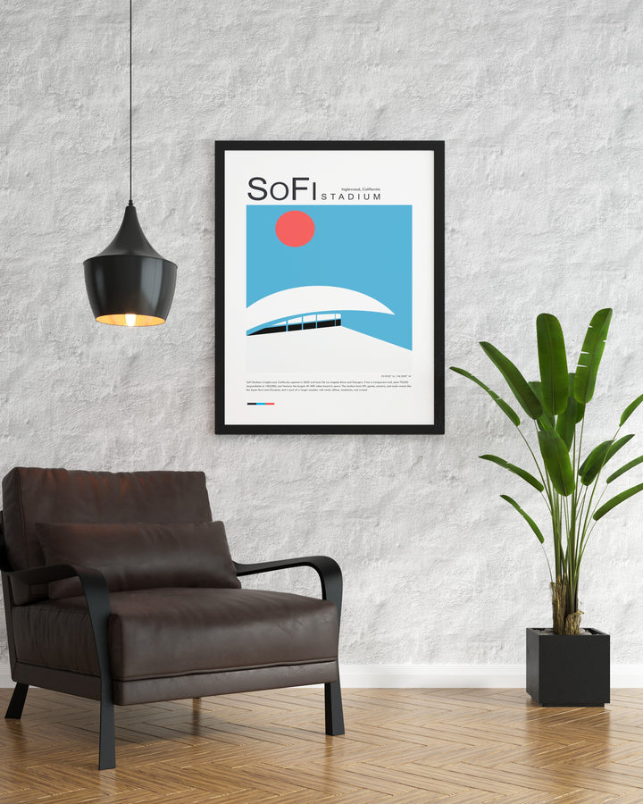 High quality football poster showcasing the architectural beauty of SoFi Stadium Los Angeles an ideal gift for boyfriends husbands dads or friends who are dedicated LA Rams supporters