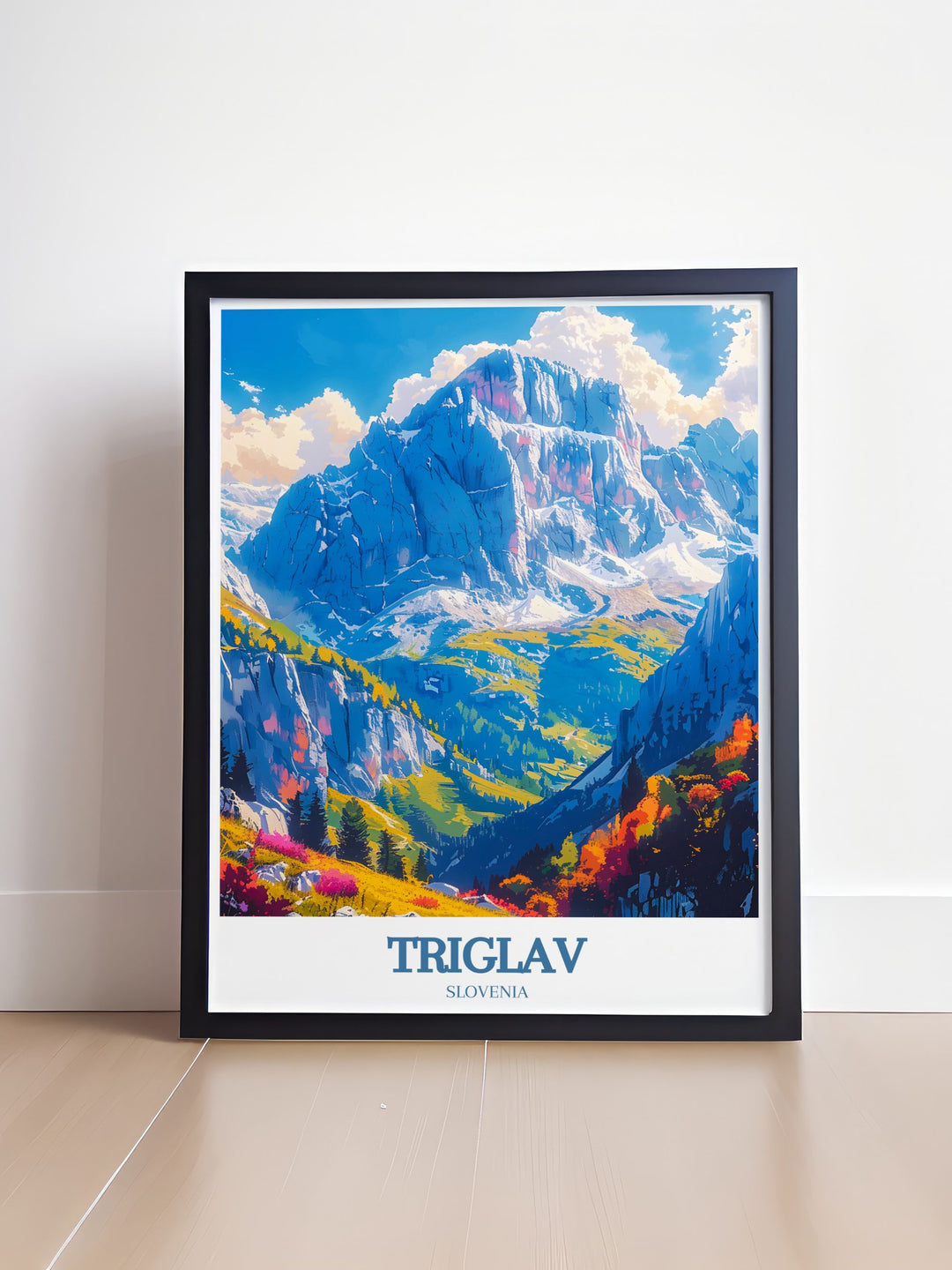 Elegant Triglav Peak wall art capturing the raw beauty of Mount Triglav in Slovenia with its towering peaks and lush surroundings an essential addition to any modern decor that seeks to evoke the majesty of the Julian Alps.