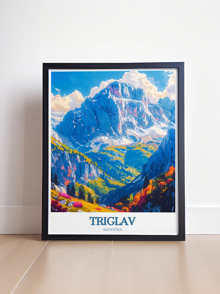 Elegant Triglav Peak wall art capturing the raw beauty of Mount Triglav in Slovenia with its towering peaks and lush surroundings an essential addition to any modern decor that seeks to evoke the majesty of the Julian Alps.