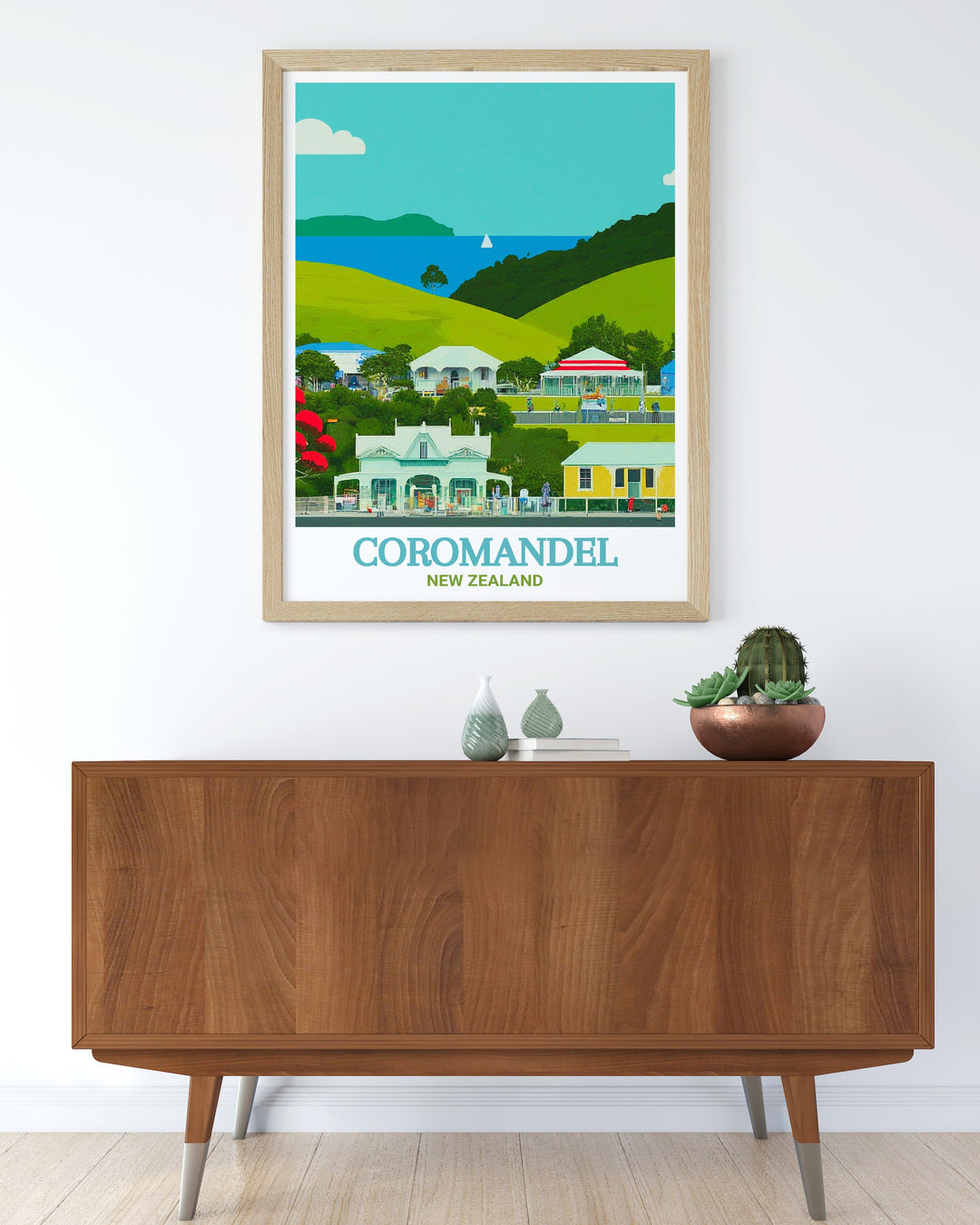 Wall art of Coromandel Town, illustrating the towns picturesque streets lined with heritage buildings, set against the Coromandel Range, creating a serene and historically rich ambiance in any room, exclusively from MapYourDreams.