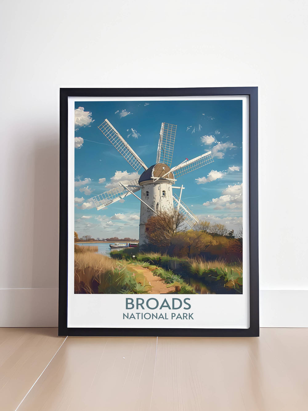 Enhance your living space with a Thurne Windmill wall art piece. This artwork showcases the historic and picturesque Thurne Windmill, bringing the tranquil landscapes of the Norfolk Broads into your home with a vintage travel poster style.