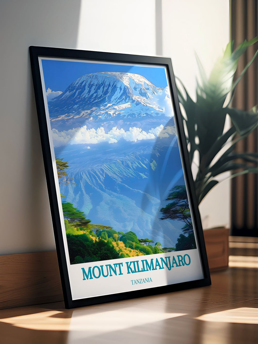 Tanzania travel poster showcasing the majestic Mount Kilimanjaro with detailed artwork designed to inspire and enhance living spaces and travel memories.