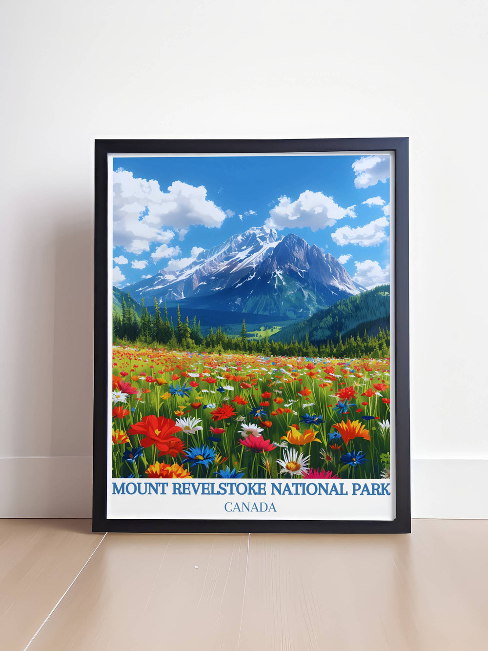 Elevate your living space with a Mount Revelstoke Summit framed print. Featuring majestic views of the Rocky Mountains, including Banff National Park, this Canadian wall art combines modern elegance with classic retro charm.