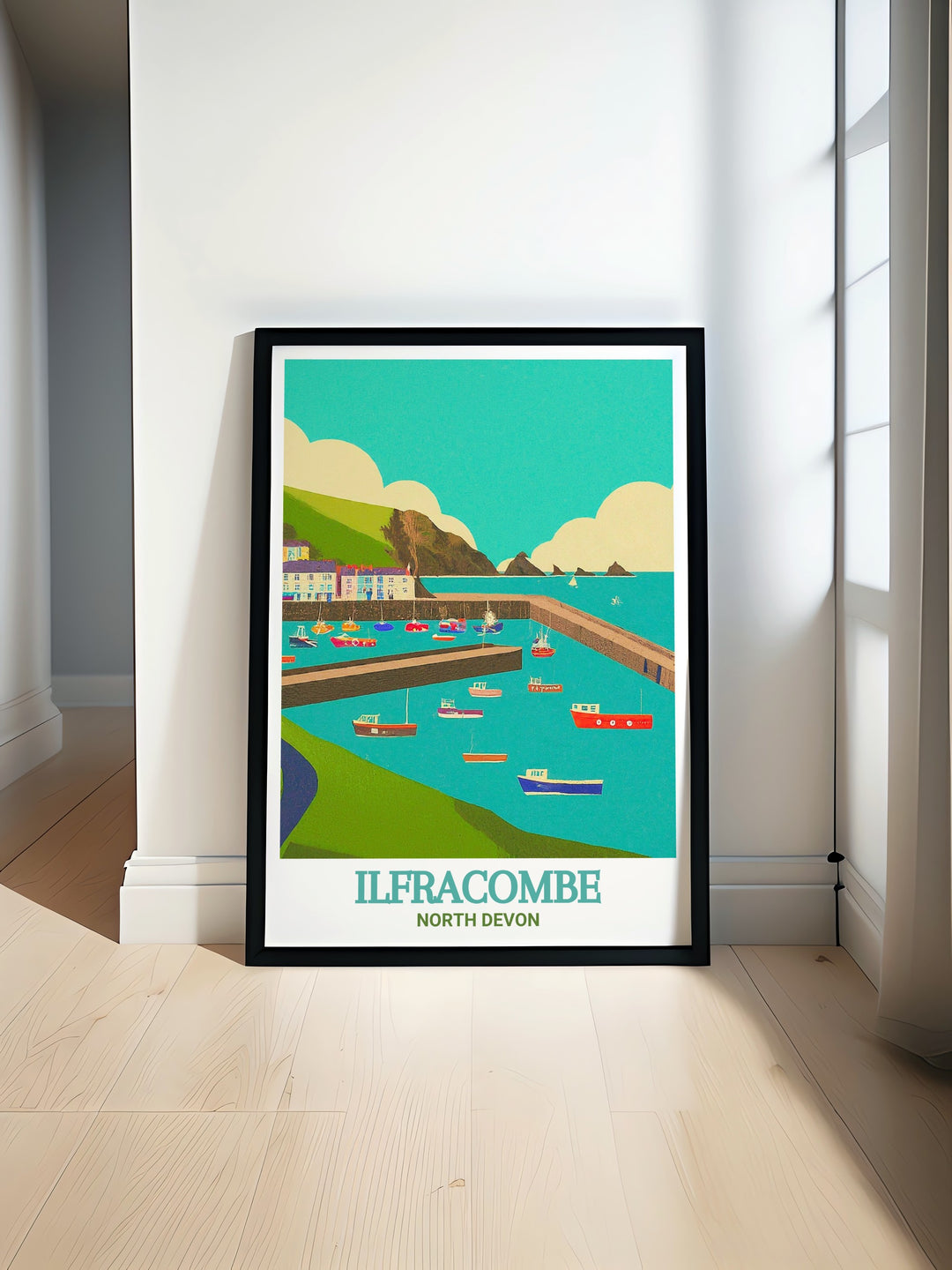 A detailed illustration of Ilfracombe Harbour in Devon, capturing the vibrant activity of the boats and the charm of the Victorian architecture. This seaside wall art is perfect for adding a coastal touch to your home decor.