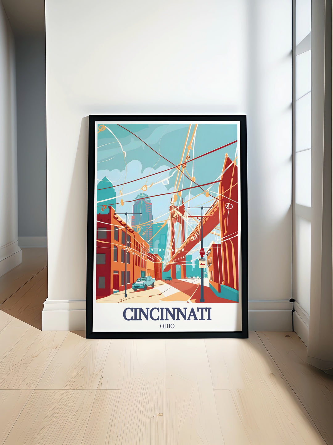 Travel poster print featuring Roebling Suspension Bridge Roebling Point showcasing the vibrant city color palette of Cincinnati perfect for adding elegance and sophistication to any living space with detailed artwork and stunning visuals