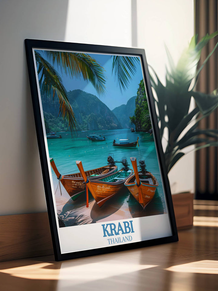 Experience the serene beauty of Krabi Island and the Phi Phi Islands with this exquisite wall art print featuring lush greenery and clear blue waters ideal for enhancing your home decor and as a unique travel gift.