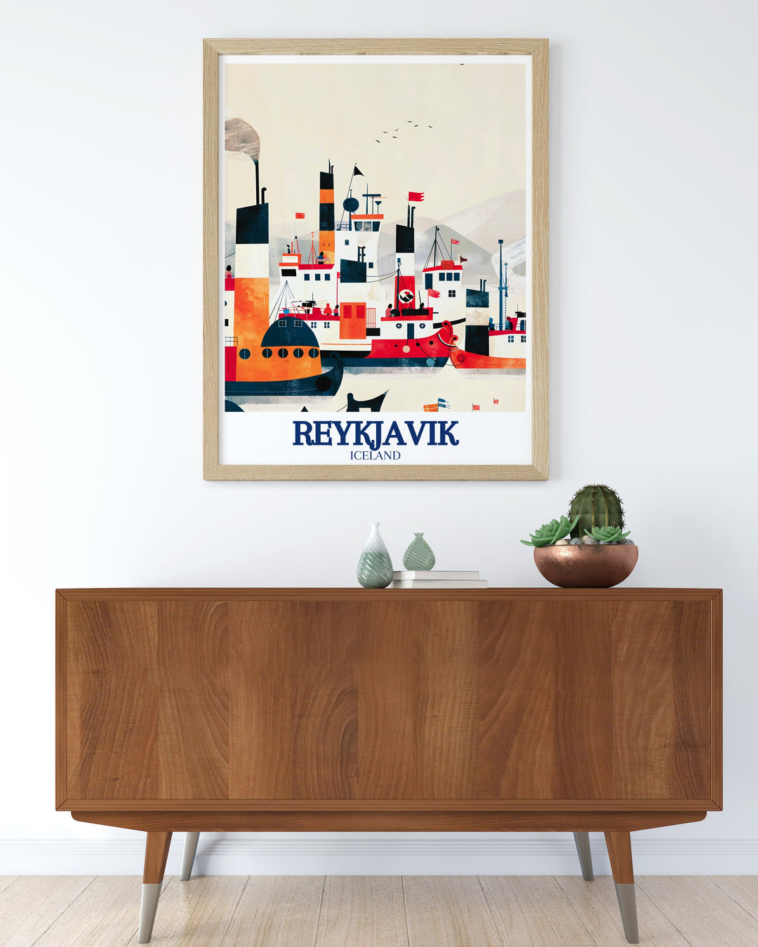 Tjörnin Lake poster featuring the serene and reflective waters of Reykjaviks central lake, surrounded by colorful houses and natural beauty. This vintage travel print offers a peaceful scene that can transform any room into a tranquil retreat.