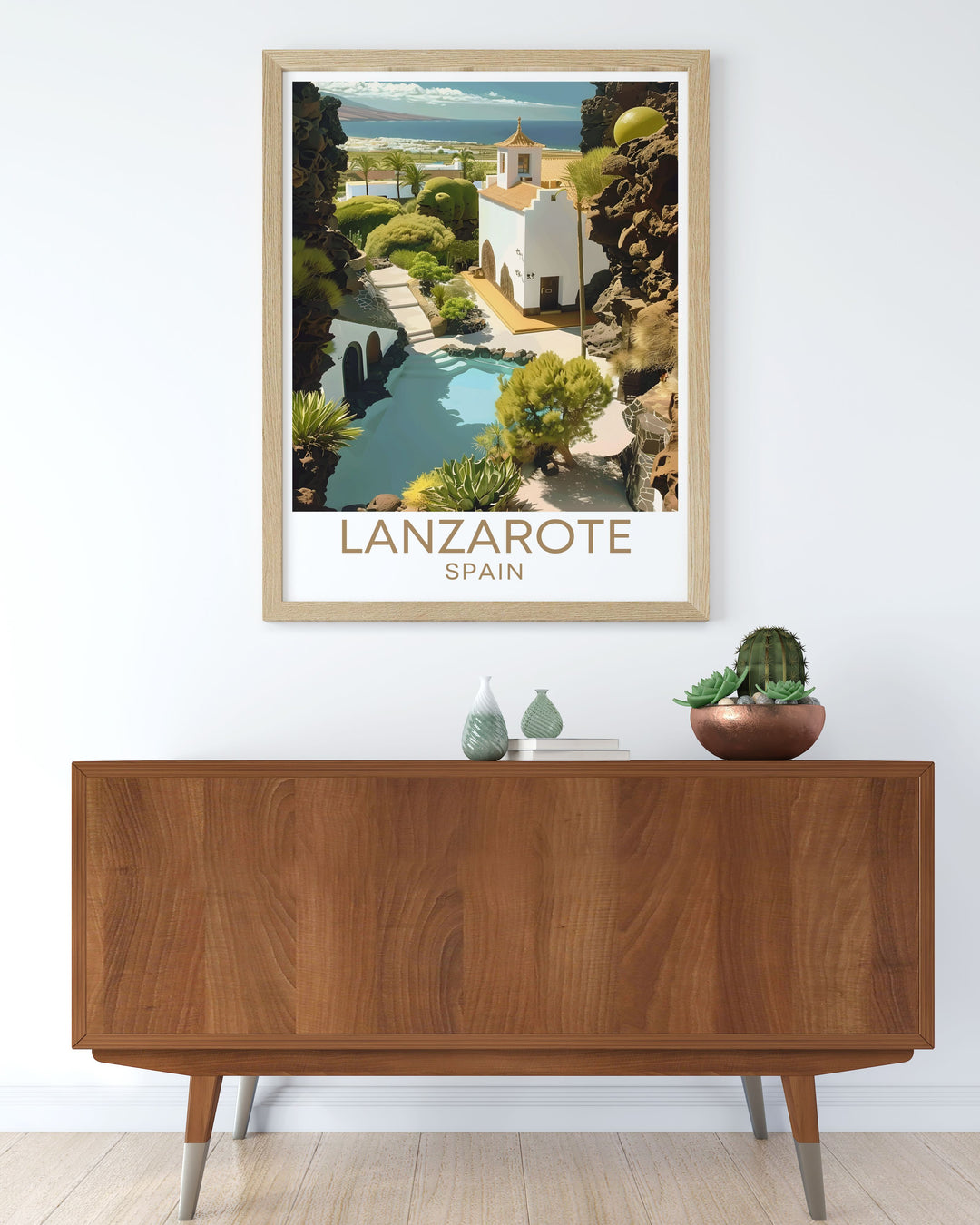 Showcasing the Cesar Manrique Foundation, this poster reflects the artists innovative use of Lanzarotes natural formations, perfect for adding a unique touch of the Canary Islands artistic heritage to your home or office decor.