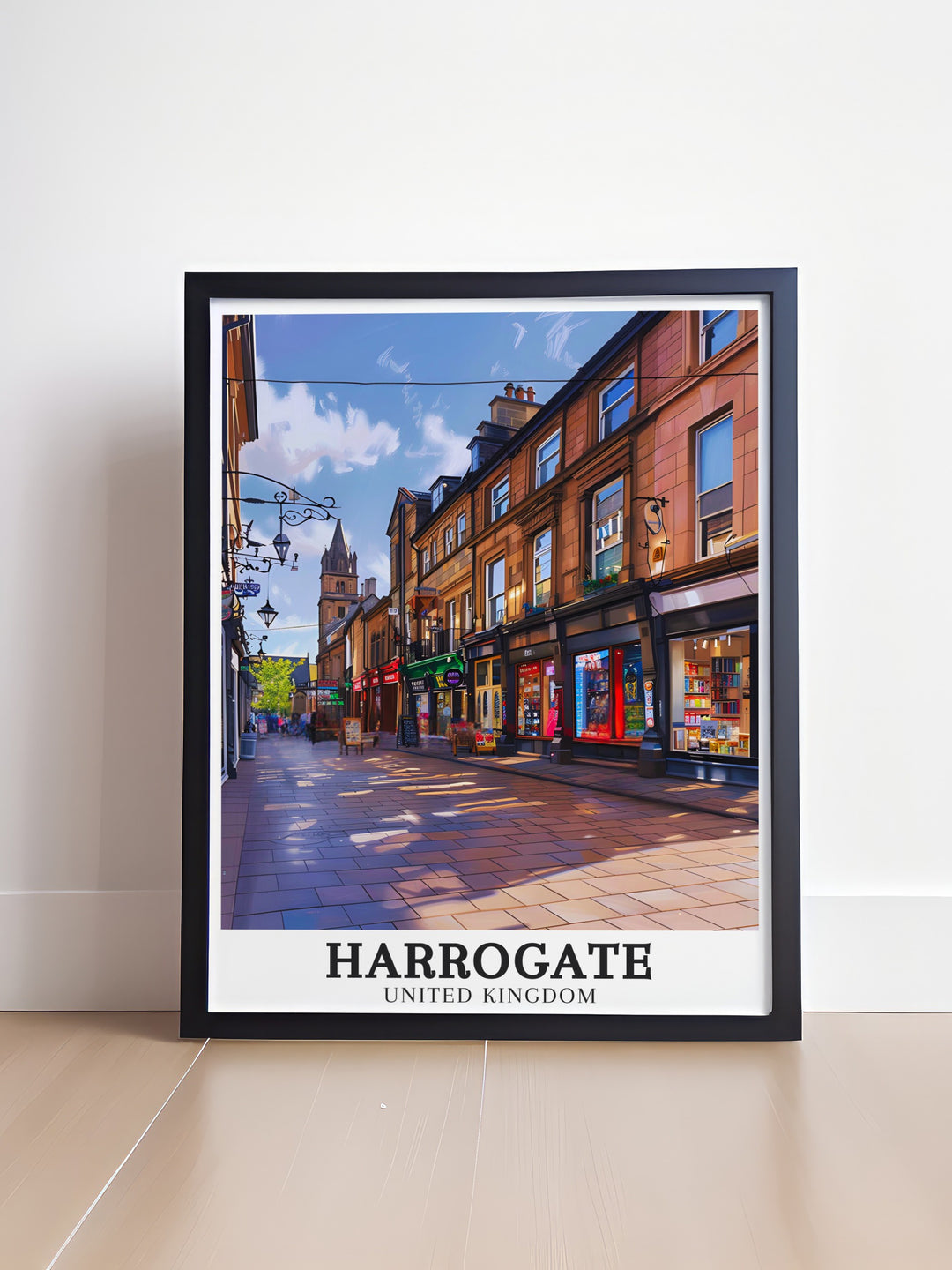 Harrogate Art showcasing Parliament Street and Montpellier Quarter. Perfect Yorkshire Decor for modern and traditional homes. Add this Yorkshire Print to your space to create a timeless atmosphere inspired by the beauty of Harrogate.