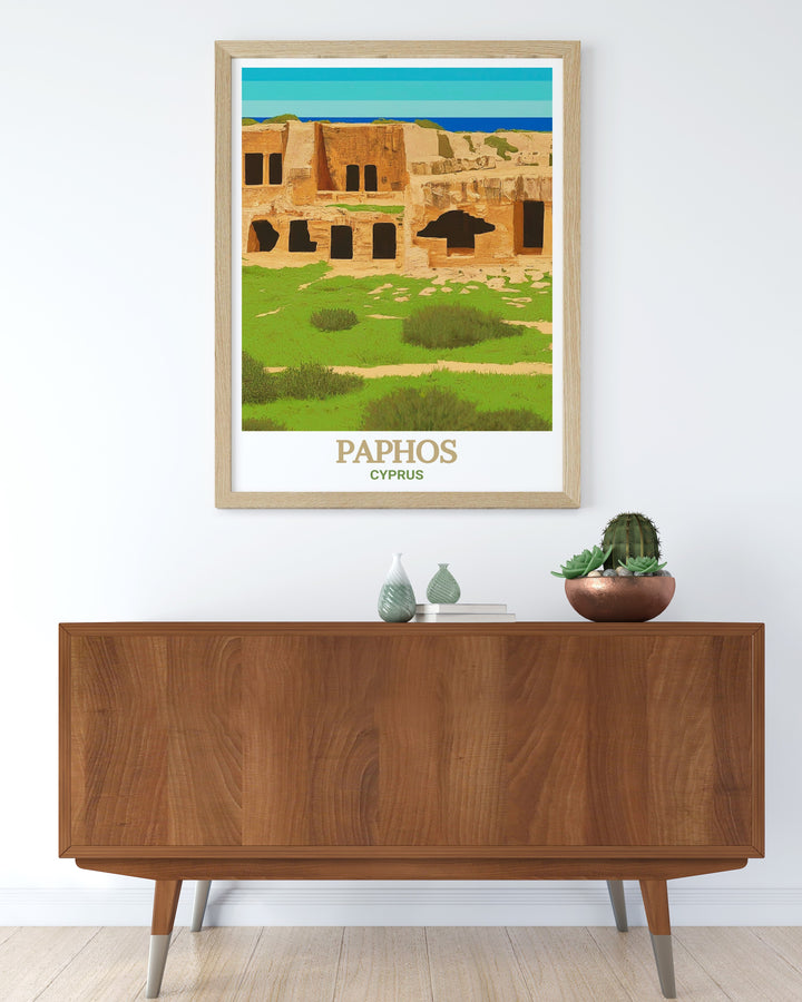 Experience the historical significance of the Tombs of the Kings with this elegant art print, highlighting the grandeur of these ancient structures. The detailed artistry and calming tones create a tranquil ambiance, ideal for any history lovers home.