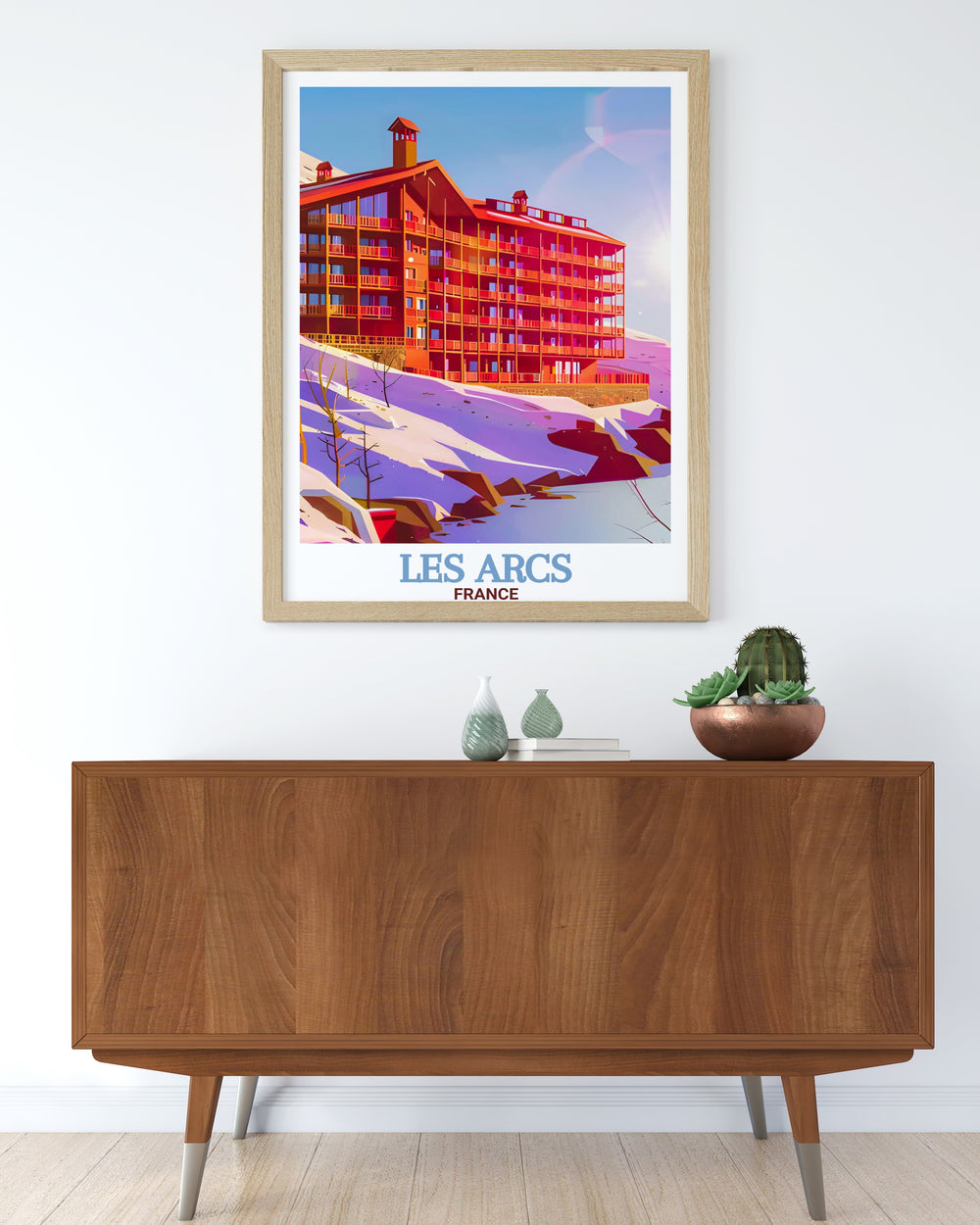 Experience the adventure of the French Alps with the "Les Arcs Wall Art," featuring the famous Aiguille Grive and Paradiski slopes. This framed art print encapsulates the excitement of snowboarding and skiing, offering a timeless piece of winter sports history for your home.
