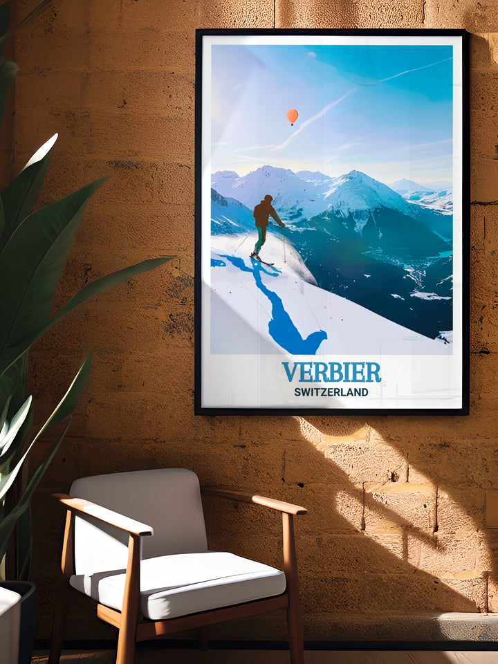 Verbiers iconic Ski Resort is brought to life in this vibrant travel print, offering a glimpse of the stunning alpine views. Perfect for anyone who cherishes the beauty of Switzerlands winter sports scene.