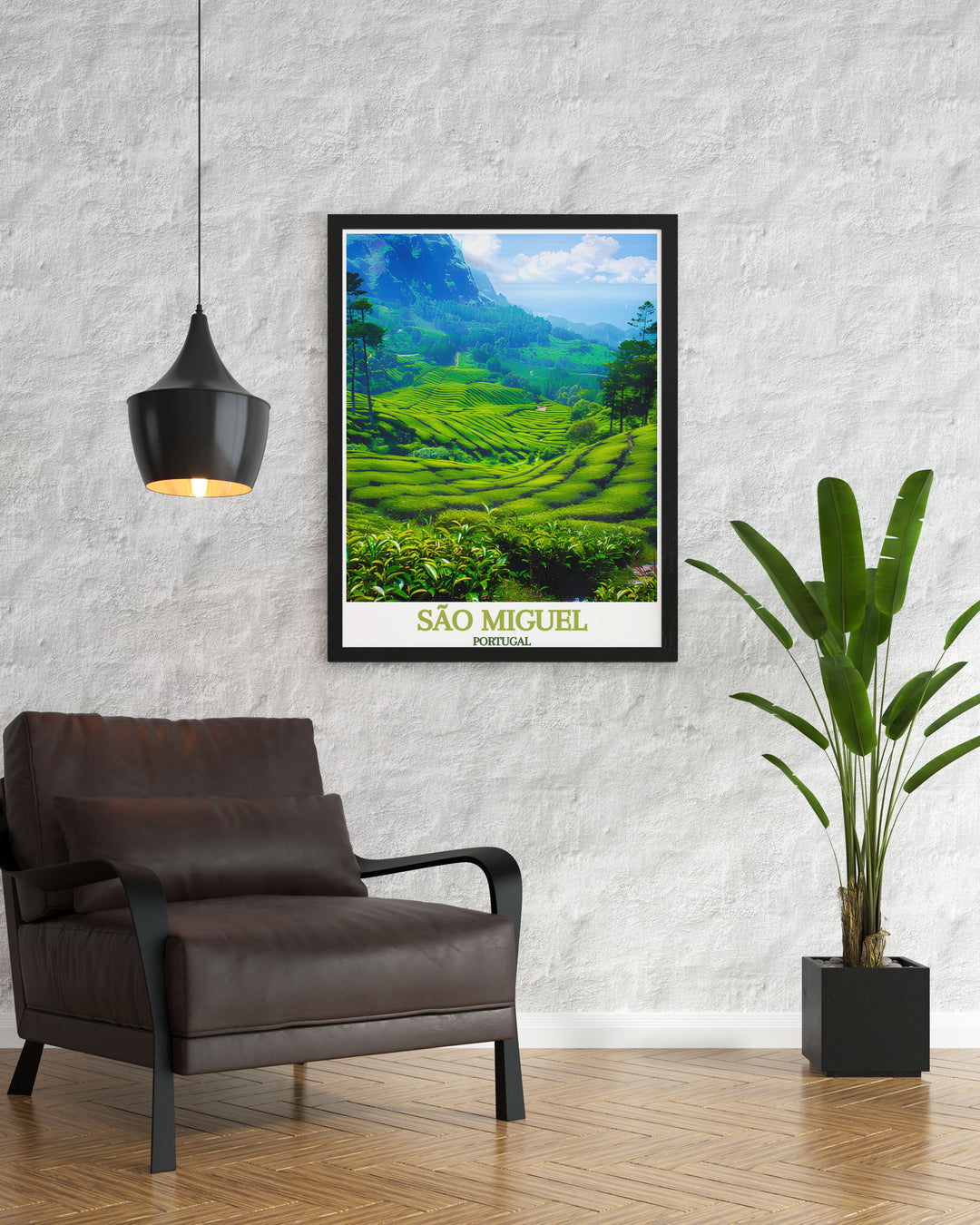 Add a touch of Portugals natural heritage to your decor with this art print of São Miguels tea plantations, showcasing the vibrant fields and traditional tea processing.