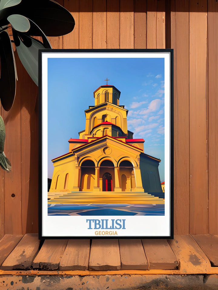 Bring the beauty of Georgia into your home with this Tbilisi Art Print featuring the Holy Trinity Cathedral. The intricate details of the city map and the stunning cathedral create a unique piece of wall decor that adds charm and sophistication to any room.