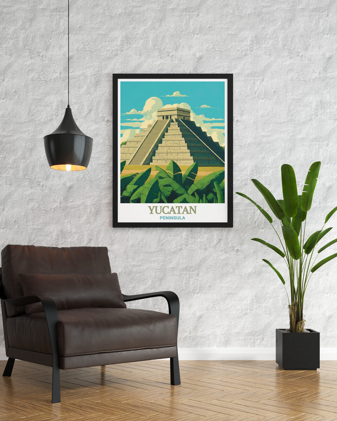 Experience the serene beauty of Mexicos Yucatan Peninsula with this detailed art print of Cenote Ik Kil, featuring crystal clear waters framed by vibrant green foliage and limestone walls.