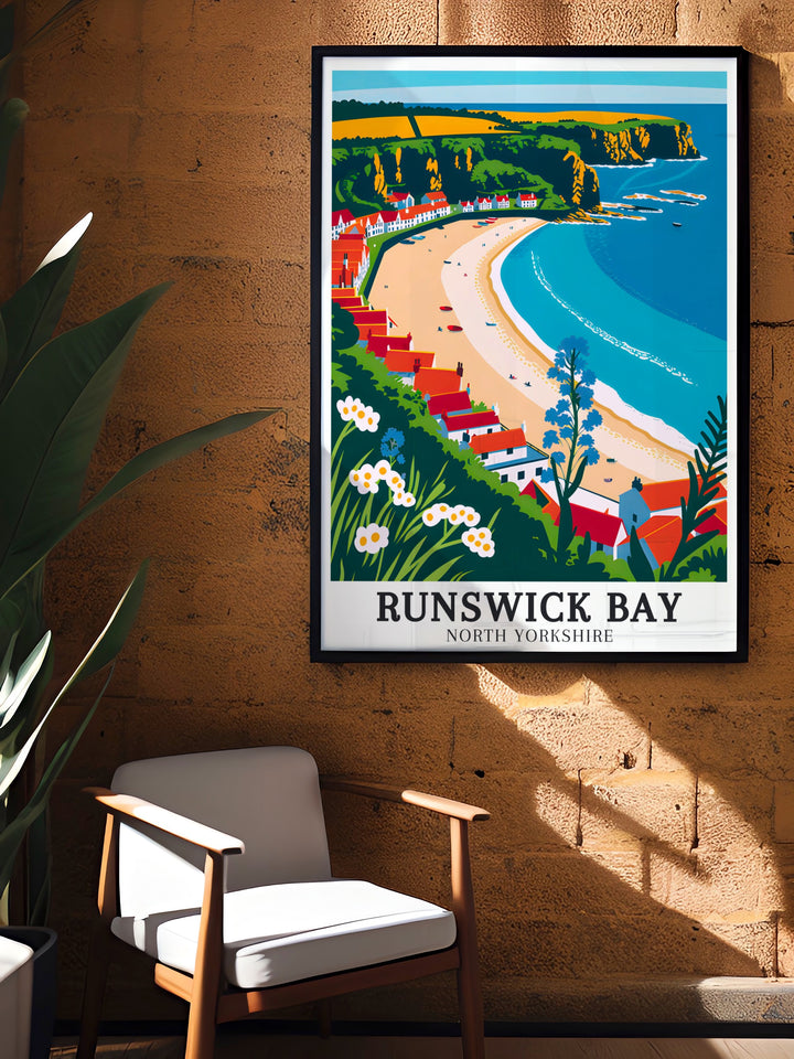 Scarborough print capturing the essence of the Cleveland Way Runswick an elegant home decor piece that showcases the beauty of North Yorkshire ideal for those who love coastal towns and the tranquility of the Cleveland Way hike in a stunning framed print