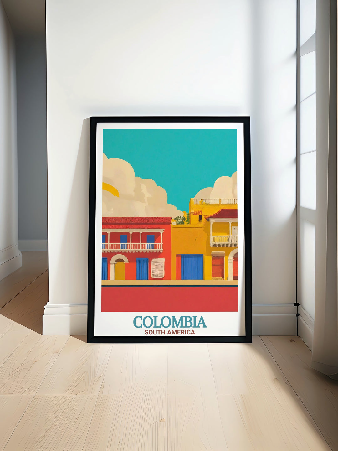 Colombia Poster Print offers a stunning view of Cartagenas Walled City and the colorful river of Caño Cristales, showcasing Colombias most iconic landmarks. This travel print is perfect for anyone who loves Colombias vibrant culture and scenic beauty.