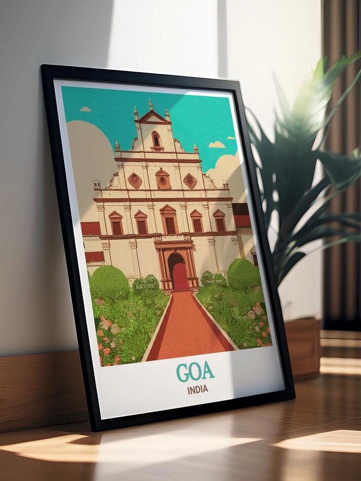 India wall art showcasing the iconic Basilica of Bom Jesus in Goa. This print captures the beauty and historical importance of the basilica, making it a perfect addition to any decor, ideal for those who love travel and cultural landmarks.