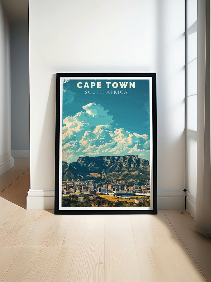 Beautiful Table Mountain art print featuring Cape Towns iconic landmark. This national park poster brings the natural beauty of South Africa into your home. Perfect for modern decor or as a framed print gift for nature and travel lovers.