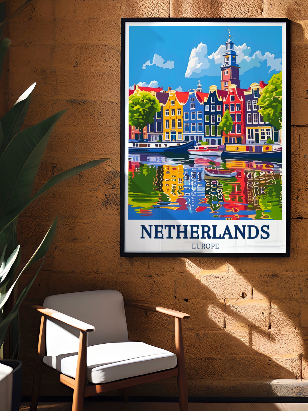 Modern art print featuring the iconic Amsterdam Canal Westerkerk this elegant wall decor piece highlights the beauty of Dutch windmills and tulips perfect for adding a sophisticated touch to your home and celebrating your love for the Netherlands