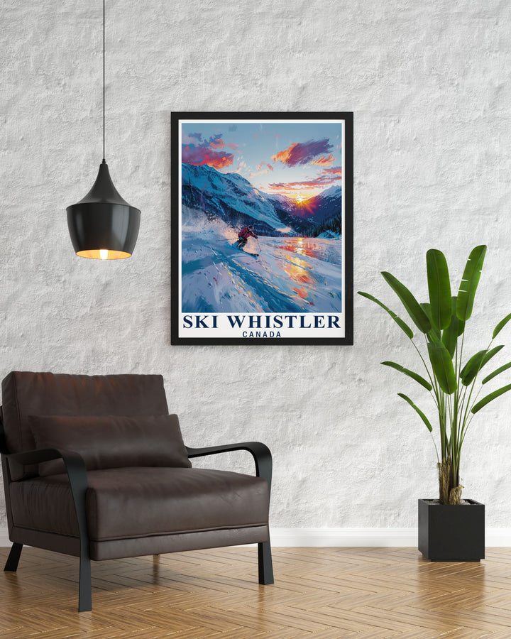 Featuring the majestic mountains of Whistler, this poster showcases the serene yet thrilling landscape of the ski resort, inviting viewers to explore the natural beauty and adventure of British Columbia.