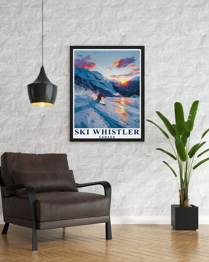 This Whistler Ski Resort print brings the exhilaration of the slopes and the peaceful charm of Canadas winter landscape into your home. Ideal for decorating a ski cabin or gifting to a friend who loves outdoor adventures.