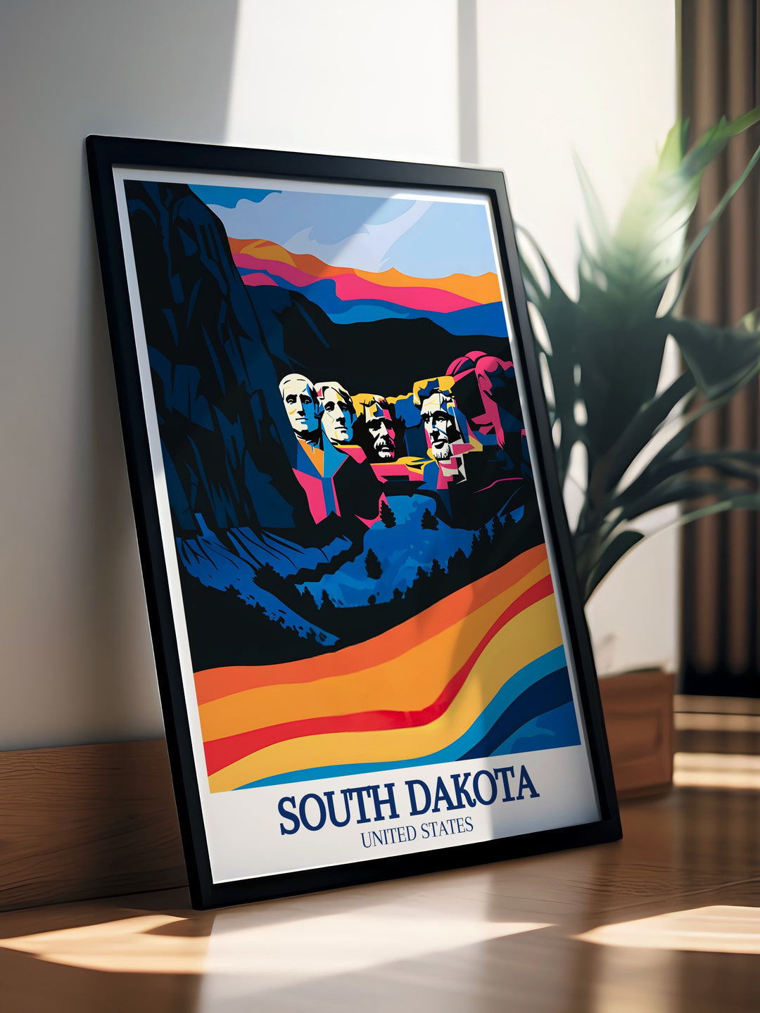 South Dakota travel poster with a vibrant depiction of Mount Rushmore National Memorial Black Hills an excellent choice for modern decor and perfect wall decor