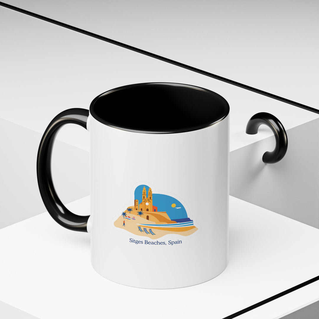 A unique Sitges Beach Spain Mug featuring intricate artwork inspired by the sandy beaches and azure waters of Sitges. This dishwasher-safe ceramic mug is perfect for coffee or tea lovers and as a special gift.