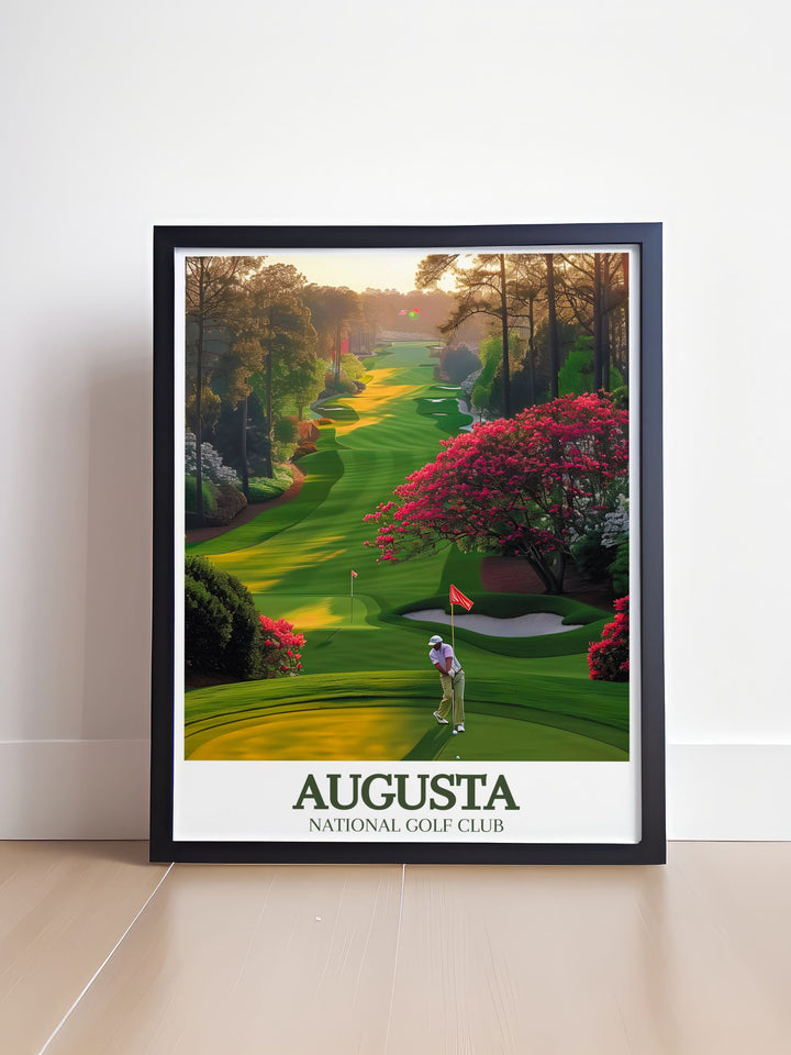 Beautifully crafted Augusta National travel poster print showcasing Magnolia Lane Amen Corner a great choice for personalized gifts and golf birthday presents capturing the essence of this iconic golf course